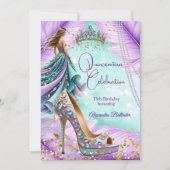 Quinceanera Birthday Lilac Teal Tiara Gold Heel 招待状 (正面)