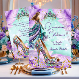 Quinceanera Birthday Lilac Teal Tiara Gold Heel 招待状
