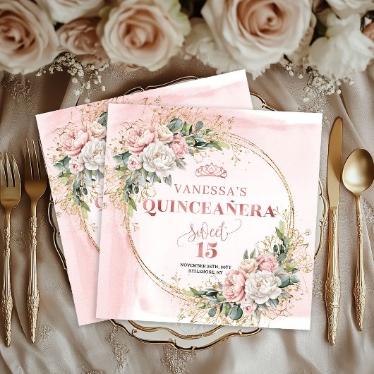 Quinceañera Birthday Napkins with Rose Gold Flower スタンダードカクテルナプキン