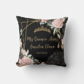 Quinceanera Black and Blush Pink Floral Photo クッション (正面)