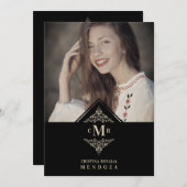 Quinceañera Black Golden Chic Lace Romantic Photo 招待状 (正面/裏面)