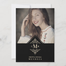 Quinceañera Black Golden Chic Lace Romantic Photo 招待状