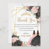 Quinceanera Black Pink Floral Twins Princesses サンキューカード (正面)