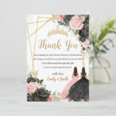 Quinceanera Black Pink Floral Twins Princesses サンキューカード (スタンド正面)