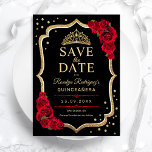 Quinceanera Black Red Gold セーブザデート<br><div class="desc">Black red gold Quinceanera celebration save the date card. Features,  script font,  roses and tiara. Perfect for an elegant princess style glam celebration. Personalize with your own details. Printed Zazzle cards or instant download digital printable template.</div>