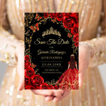 Quinceanera Black Red Gold セーブザデート<br><div class="desc">Black red and gold Quinceanera celebration Save The Date card. Features brunette girl in ball gown dress, script font, gold butterflies, watercolor roses and tiara. Perfect for an elegant princess style glam celebration. Personalize with your own details. Printed Zazzle cards or instant download digital printable template.</div>