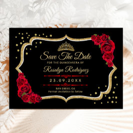 Quinceanera Black Red Gold Floral セーブザデート