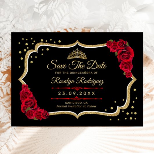 Quinceanera Black Red Gold Floral セーブザデート