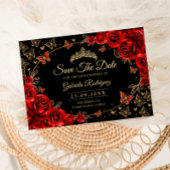 Quinceanera Black Red Roses Gold セーブザデート