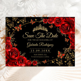 Quinceanera Black Red Roses Gold セーブザデート