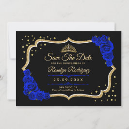 Quinceanera Black Royal Blue Gold Floral セーブザデート