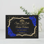 Quinceanera Black Royal Blue Gold Floral セーブザデート (スタンド正面)