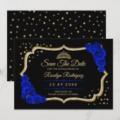 Quinceanera Black Royal Blue Gold Floral セーブザデート (正面/裏面)