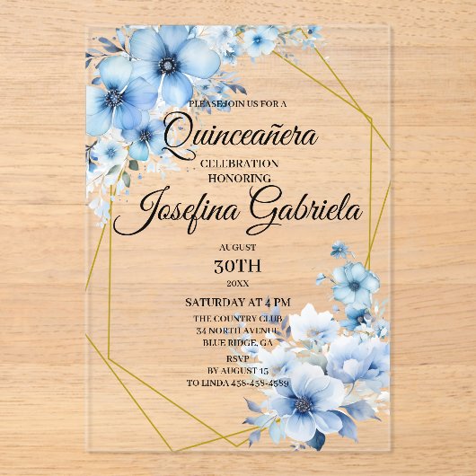 Quinceanera blue floral アクリル招待状 (正面)