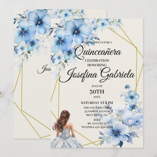 Quinceañera blue floral Invitation 招待状 (正面/裏面)