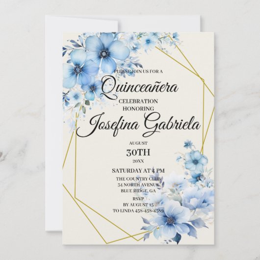 Quinceañera blue floral Invitation 招待状 (正面)