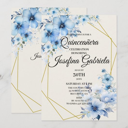 Quinceañera blue floral Invitation 招待状 (正面/裏面)