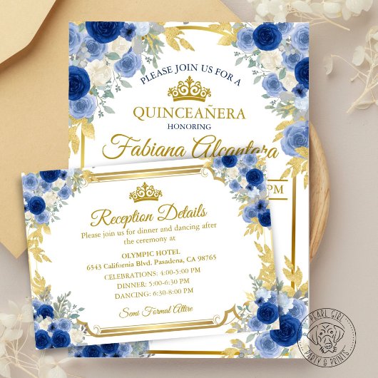 Quinceanera Blue Gold Floral Enclosure Card