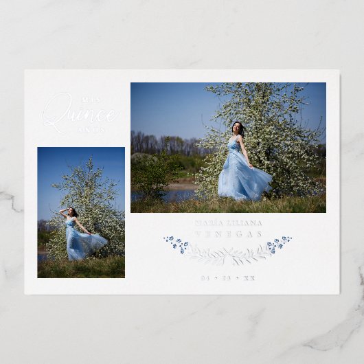 Quinceañera Blue Trendy Branches Spanish 2 Photos  箔招待状 (正面)