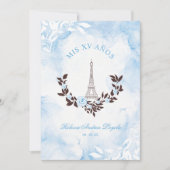 Quinceañera Blue Watercolor Chic Paris Eiffel 招待状 (正面)