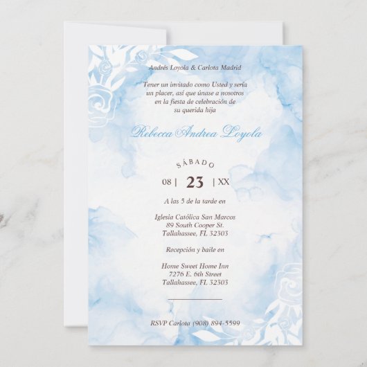 Quinceañera Blue Watercolor Chic Paris Eiffel 招待状 (裏面)