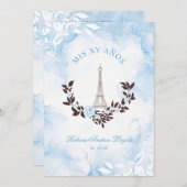 Quinceañera Blue Watercolor Chic Paris Eiffel 招待状 (正面/裏面)