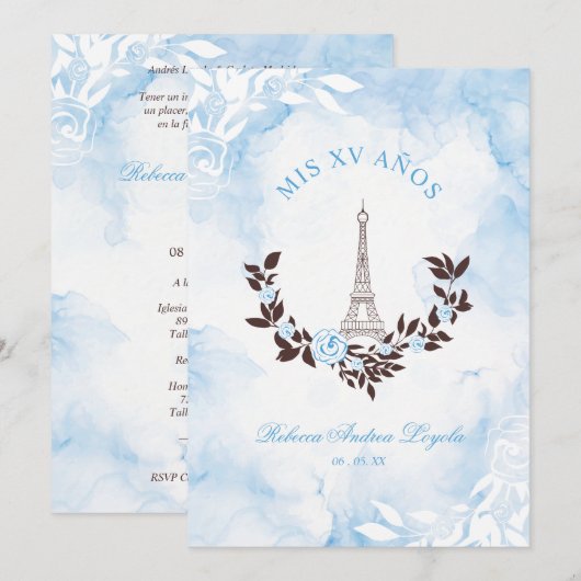 Quinceañera Blue Watercolor Chic Paris Eiffel 招待状 (正面/裏面)
