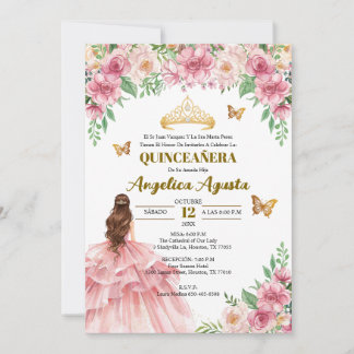 Quinceañera Blush Pink Floral Princess Spanish 招待状