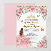 Quinceañera Blush Pink Floral Princess Spanish 招待状 (正面/裏面)