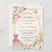 Quinceanera Blush Pink Flowers Butterfly 招待状 (正面)