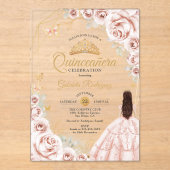 Quinceanera Blush Pink Gold Floral Dress アクリル招待状 (正面)