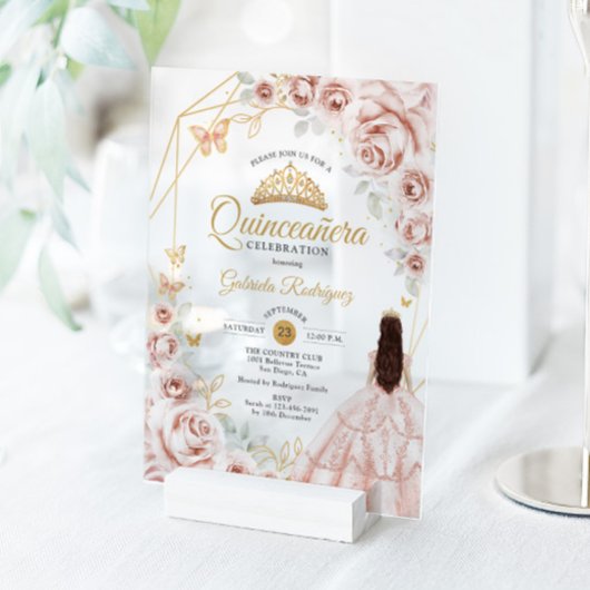 Quinceanera Blush Pink Gold Floral Dress アクリル招待状