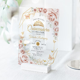 Quinceanera Blush Pink Gold Floral Invitation アクリル招待状