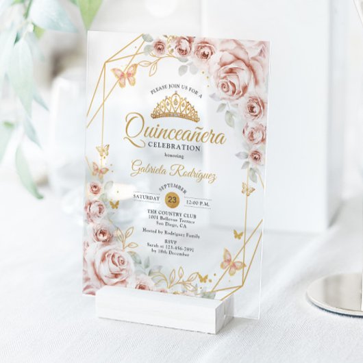 Quinceanera Blush Pink Gold Floral Invitation アクリル招待状