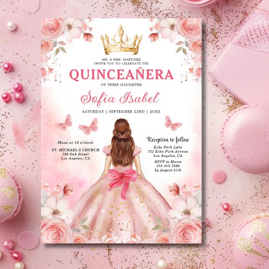 Quinceañera Blush Pink Rose Floral Butterfly 招待状