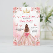 Quinceañera Blush Pink Rose Floral Butterfly 招待状 (スタンド正面)