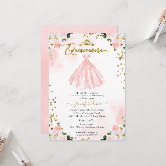 Quinceanera Blush Watercolor Flowers Pink Dress 招待状 (正面/裏面インサイチュ)