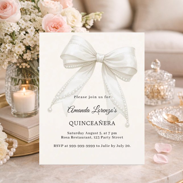 Quinceanera bow ivory cream pearls invitation (クリエイターアップロード済み)