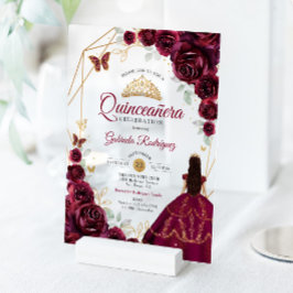 Quinceanera Burgundy Dress Floral Gold アクリル招待状