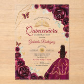 Quinceanera Burgundy Dress Floral Gold アクリル招待状 (正面)