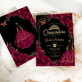 Quinceanera Burgundy Gold Butterfly Dress Floral 招待状