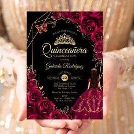 Quinceanera Burgundy Gold Butterfly Dress Floral 招待状