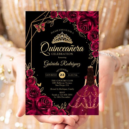 Quinceanera Burgundy Gold Butterfly Dress Floral 招待状