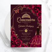 Quinceanera Burgundy Gold Dress Floral 招待状