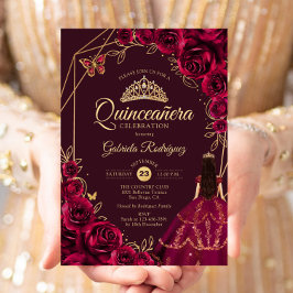 Quinceanera Burgundy Gold Dress Floral 招待状