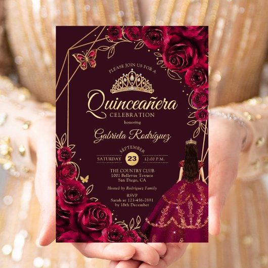 Quinceanera Burgundy Gold Dress Floral 招待状