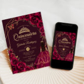 Quinceanera Burgundy Gold Dress Floral 招待状