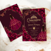 Quinceanera Burgundy Gold Dress Floral 招待状