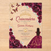 Quinceanera Burgundy Gold Floral アクリル招待状 (正面)