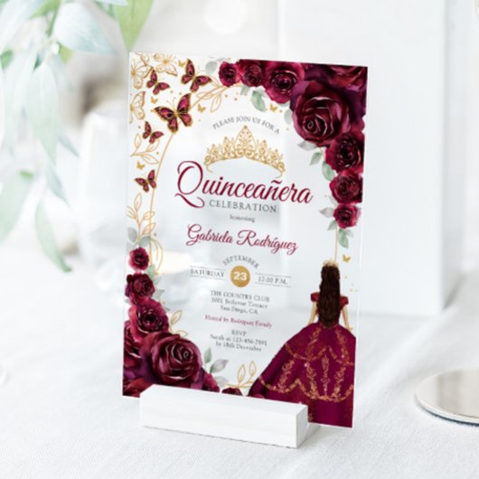 Quinceanera Burgundy Gold Floral アクリル招待状